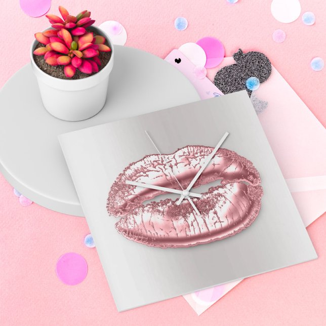 Gray Silver Kiss Lips Pink Rose Gold Makeup Artist Square Wall Clock (Creator Uploaded)