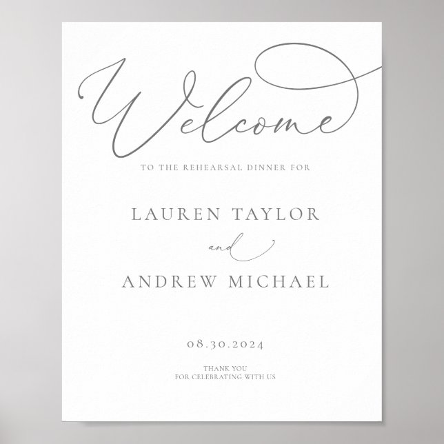 Gray Silver Minimalist Rehearsal Dinner Sign (Front)