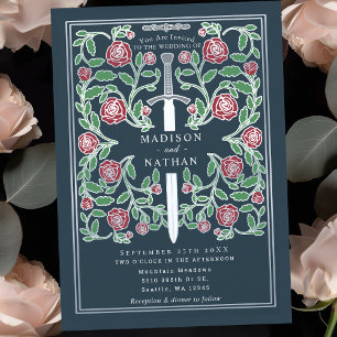 Gray Silver Sword Floral Medieval Fantasy Wedding Invitation