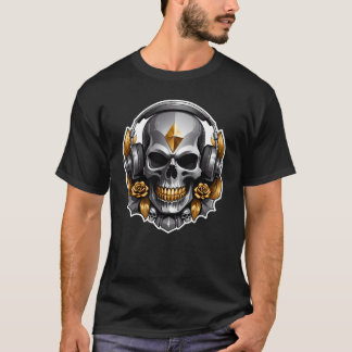 Gray Skull Gold Flowers with Headphones T-Shirt