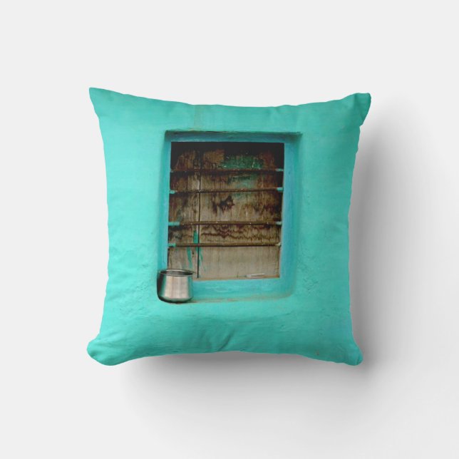 GRAY STEEL CONTAINER ON WINDOW WITH TEAL PAINT CUSHION (Front)