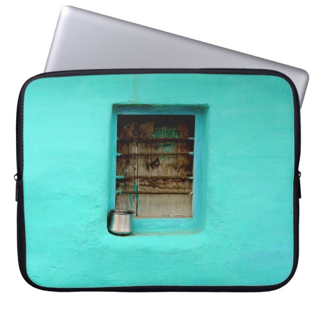 GRAY STEEL CONTAINER ON WINDOW WITH TEAL PAINT LAPTOP SLEEVE (Front)