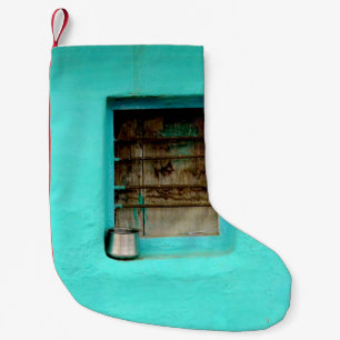 GRAY STEEL CONTAINER ON WINDOW WITH TEAL PAINT SMALL CHRISTMAS STOCKING