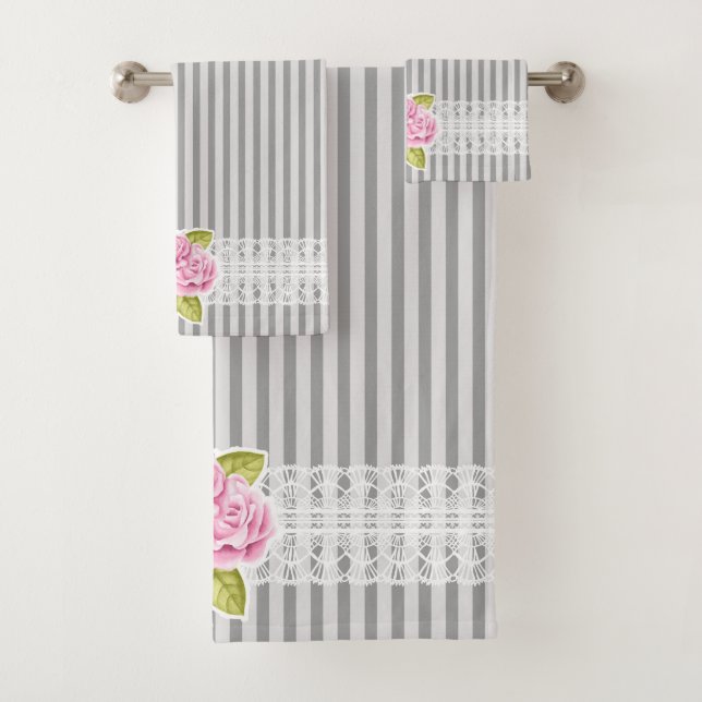 GRAY STRIPES WITH PINK FLOWERS BATH TOWEL SET (Insitu)
