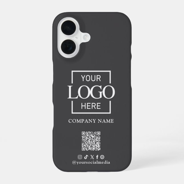 Gray Stylish Minimalist Business Logo & QR Code iPhone 16 Case (Back)