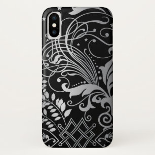 Gray Swirling Damask Pattern on Black iPhone X Case