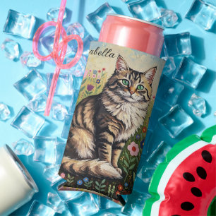 Gray Tabby Cat and Folk Art Flowers Seltzer Can Cooler
