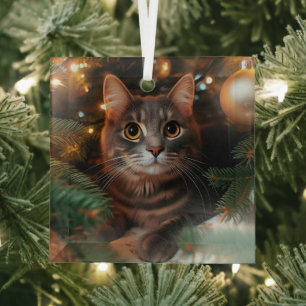 Gray Tabby Cat Glass Ornament