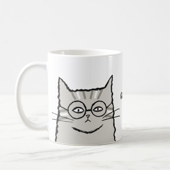 Gray Tabby Cat with Glasses Cat lover custom name Coffee Mug (Left)