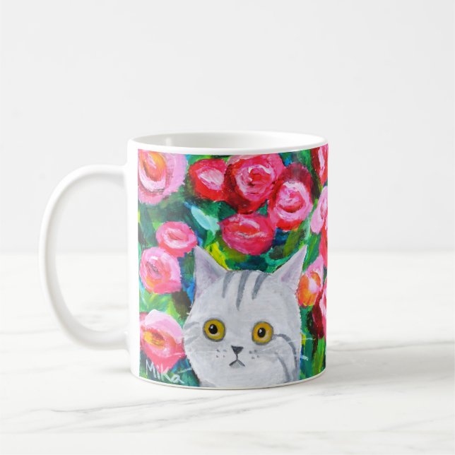 Gray Tabby Cat With Pretty Flowers Artistic cat Coffee Mug (Left)
