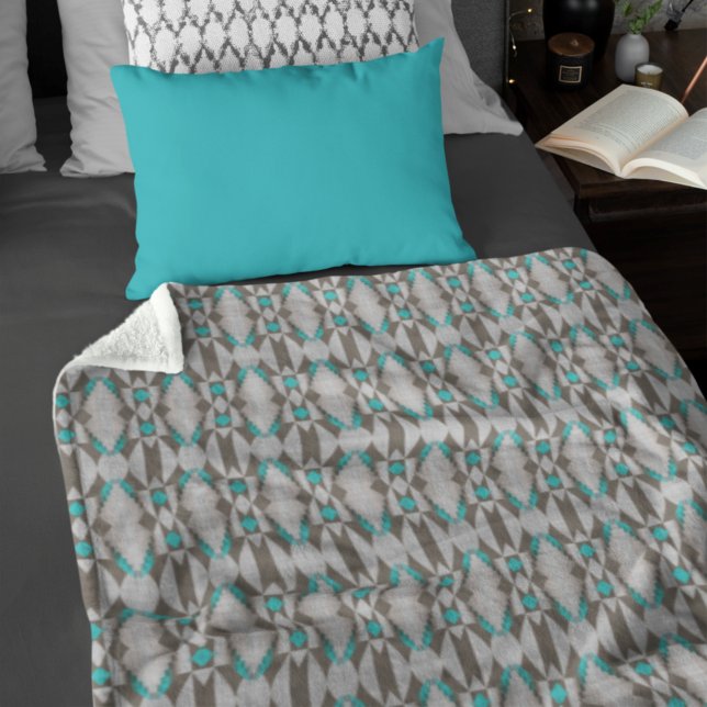 Gray Taupe Aqua Turquoise Blue Tribal Art Pattern Fleece Blanket (Creator Uploaded)