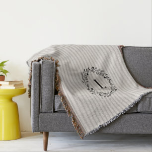 Gray Ticking Stripes Wreath Monogram Farmhouse Throw Blanket