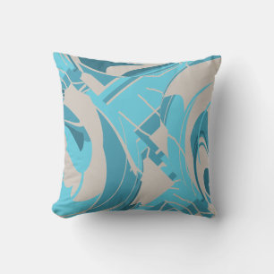 Gray Turquoise Aqua Mediterranean Lush Leaf Motif Cushion
