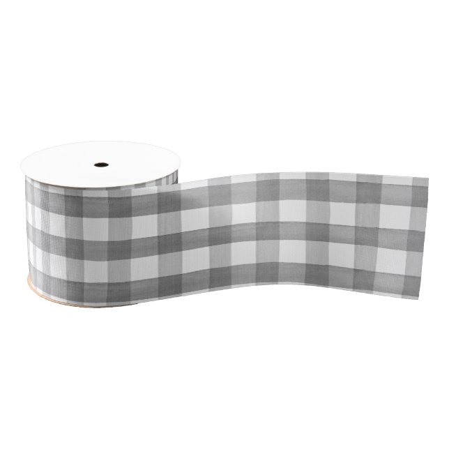 Gray Watercolor Buffalo Plaid Ribbon Grosgrain Ribbon (Spool)