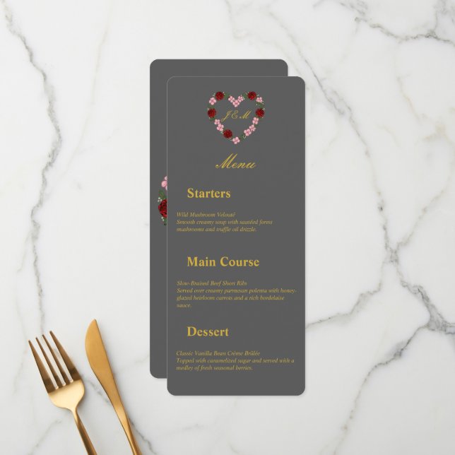 Gray Wedding Menu with Floral Heart Centerpiece (Front/Back In Situ)