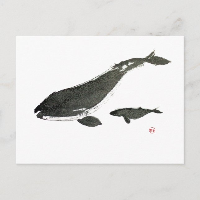 Gray whale mom and baby sumie ink painting holiday postcard (Front)