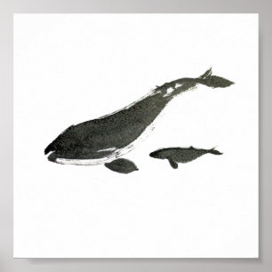 Gray whale mom and baby sumie ink painting poster