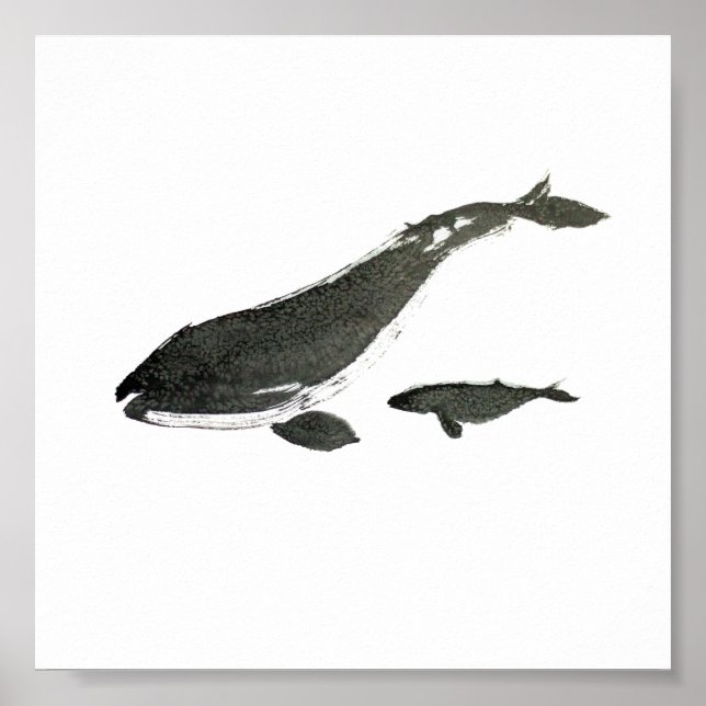 Gray whale mom and baby sumie ink painting poster (Front)