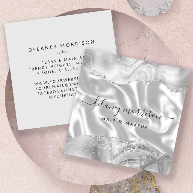 Gray White Agate Silver Glitter Luxury Square Business Card (Creator Uploaded)