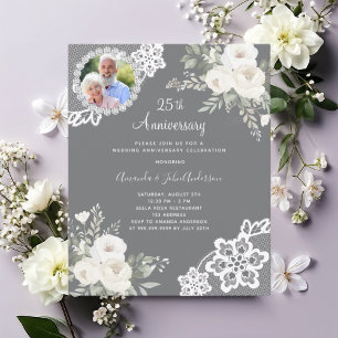 Gray white florals photo 25th wedding invitation