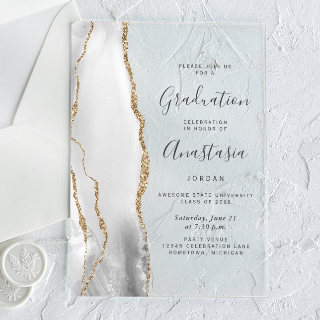 Gray White Gold Agate Gray Text Graduation Acrylic Invitations (Creator Uploaded)
