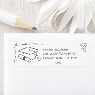 Gray White Hand Drawn Doodles Graduate Cap Address Return Address Label