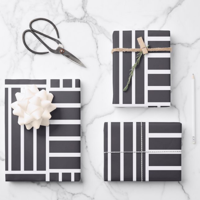 Gray White Horizontal Vertical Stripes Wrapping Paper Sheet (Front)