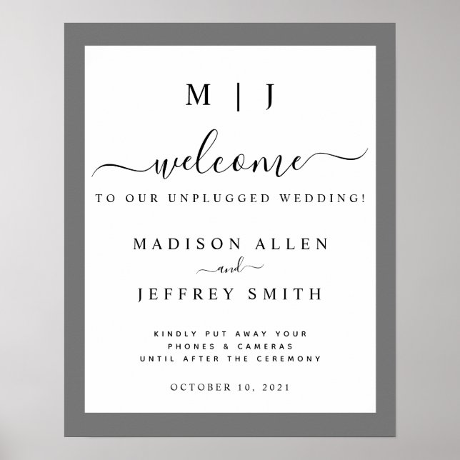 Gray & White Monogram Unplugged Wedding Sign (Front)