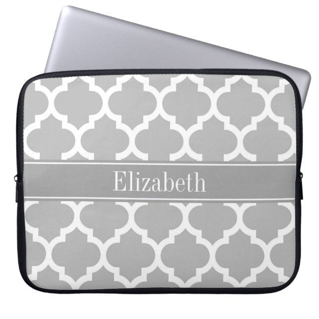 Gray White Moroccan #5 Dark Gray Name Monogram Laptop Sleeve (Front)
