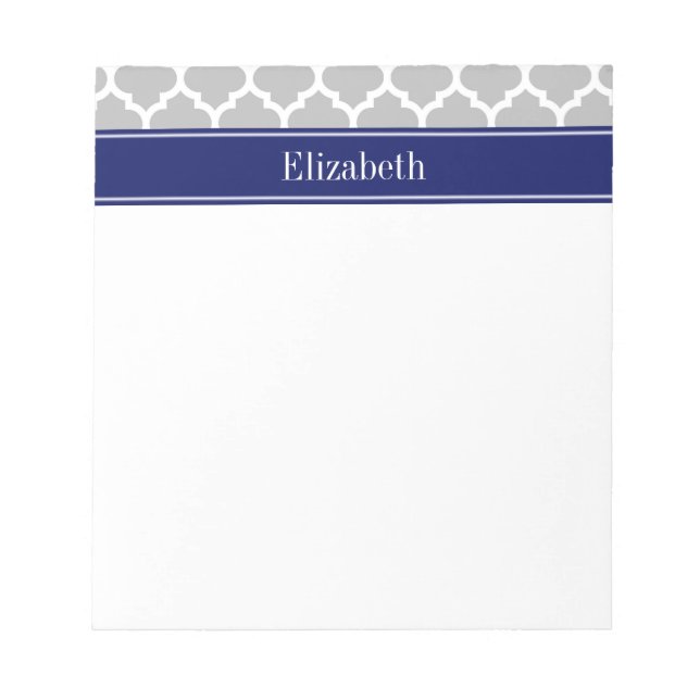 Gray White Moroccan #5 Navy Blue Name Monogram Notepad (Front)