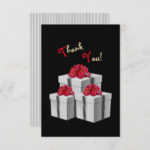 Gray White Pinstripe Red Bow Presents on Black Thank You Card