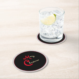 Gray White Pinstripes Black with Red Bow Round Paper Coaster