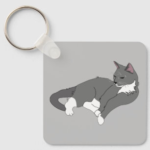 Gray & White Tuxedo Cat Key Ring
