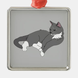 Gray & White Tuxedo Cat Metal Ornament