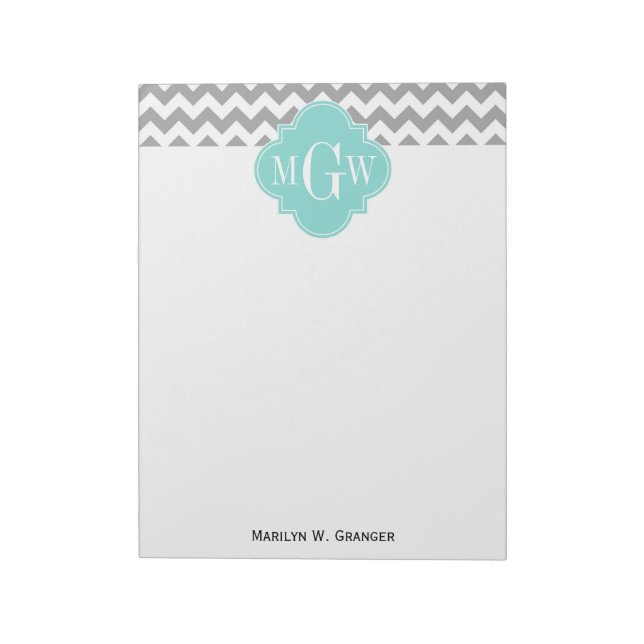 Gray Wht Chevron Aqua Quatrefoil 3 Monogram Notepad (Rotated)