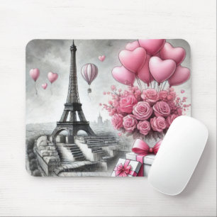 GRAY WITH PINK PARIS VALENTINES DAY FLOWERS MOUSE PAD