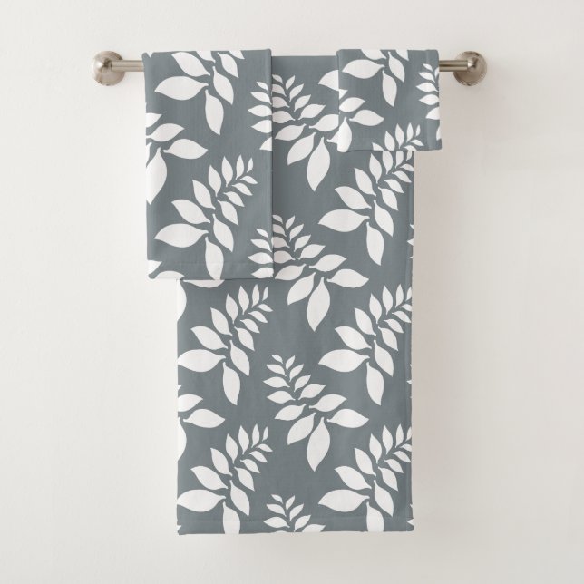 Gray with white leaves bath towel set (Insitu)