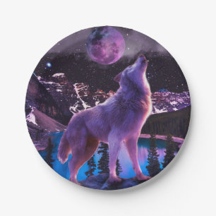 Gray wolf howling in forest paper plate