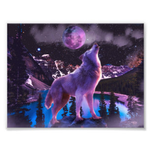 Gray wolf howling in forest photo print