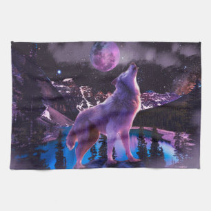 Gray wolf howling in forest tea towel