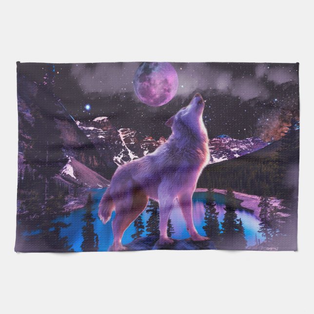 Gray wolf howling in forest tea towel (Horizontal)