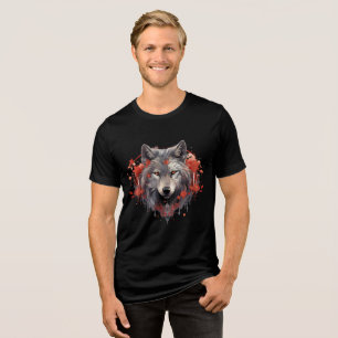 Gray Wolf with Red Flowers Illustration Tri-Blend Shirt