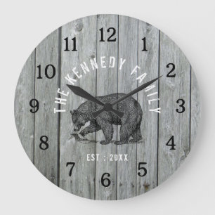 Gray Wood Black Bear Cabin House Family Name   Large Clock