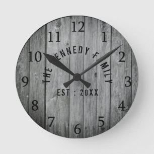 Gray Wood Farmhouse Family Name Round Clock