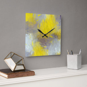 Gray Yellow Abstract Brushstrokes Square Wall Clock
