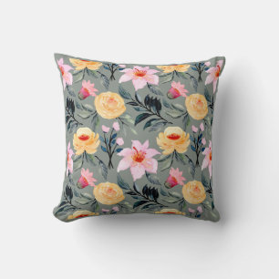 Gray Yellow and Pink Flowers Pillow