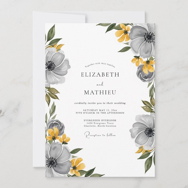 Gray Yellow Floral Spring Wedding Invitation (Front)