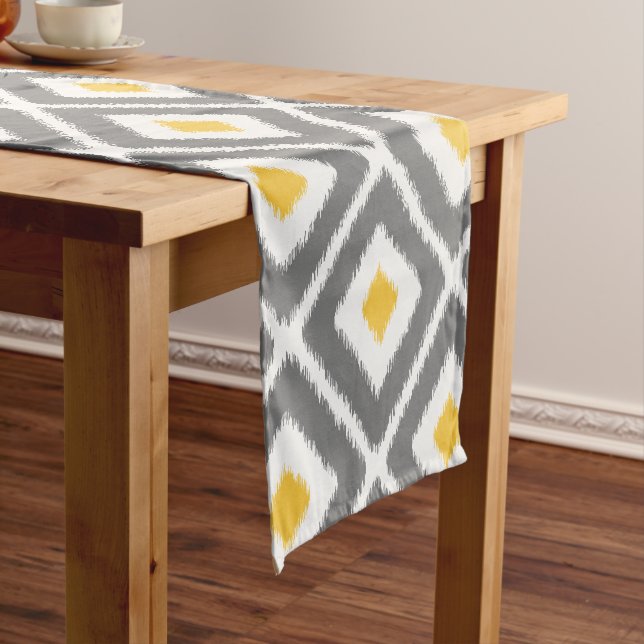 Gray, Yellow, White Ikat Diamond Pattern Short Table Runner (In Situ)