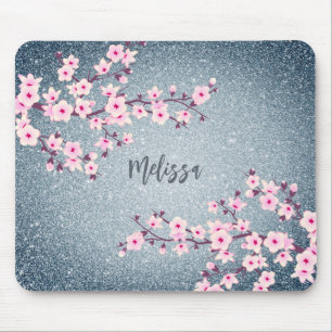 Grayish Blue Glitter Cherry Blossom Monogram  Mouse Pad