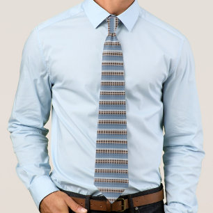 Grayish Blue Stripes On Creamy Tan Grid On Brown   Tie